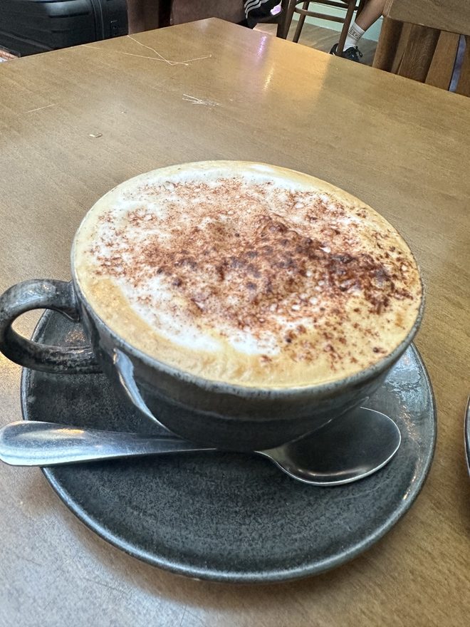 A chocolate-dusted cappuccino on a wooden table.